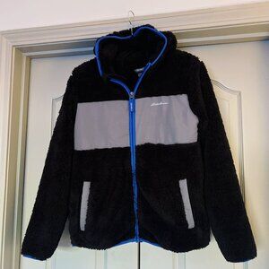 Eddie Bauer Kids Plush Fleece Hooded Jacket Black Gray Blue — Youth XL (14–16)